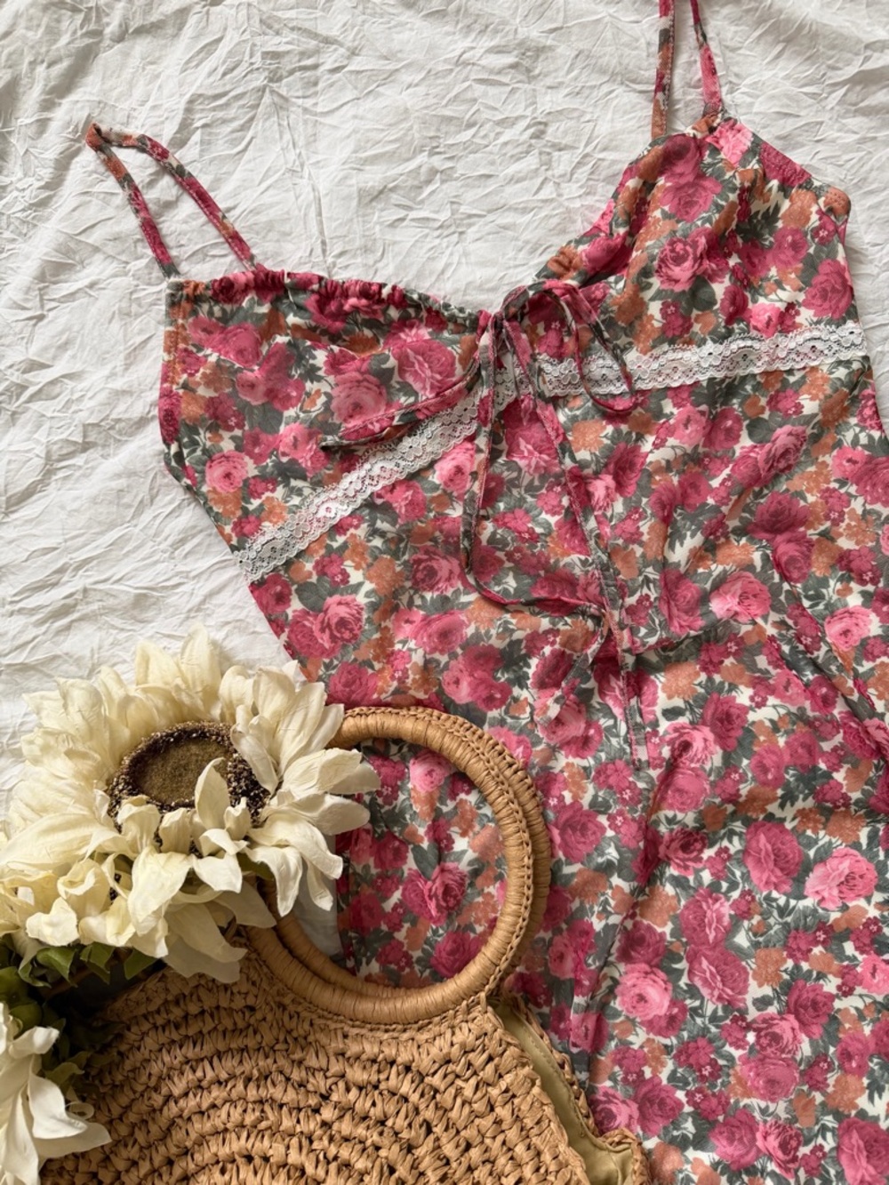 Garden Party | Wedding Guest | Mesh Floral Pink Lace-Trim Slip Dress